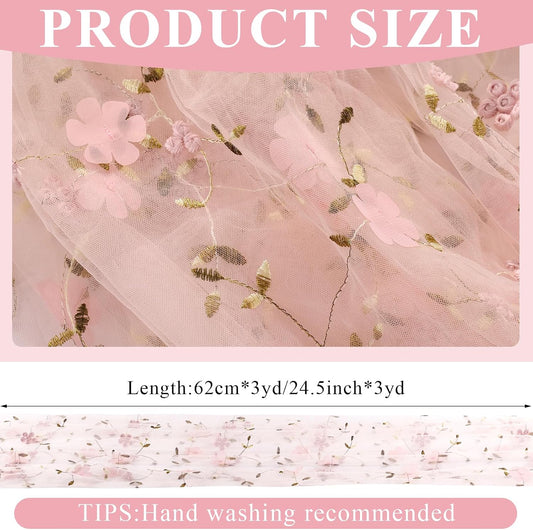 Embroidery Floral Table Runner Rustic Spring Summer Wildflower Tulle Table Runner Vintage Flower Kitchen Dining Tabletop Runners Decoration for Home Wedding Party, 108x24.5 Inch (Pink)