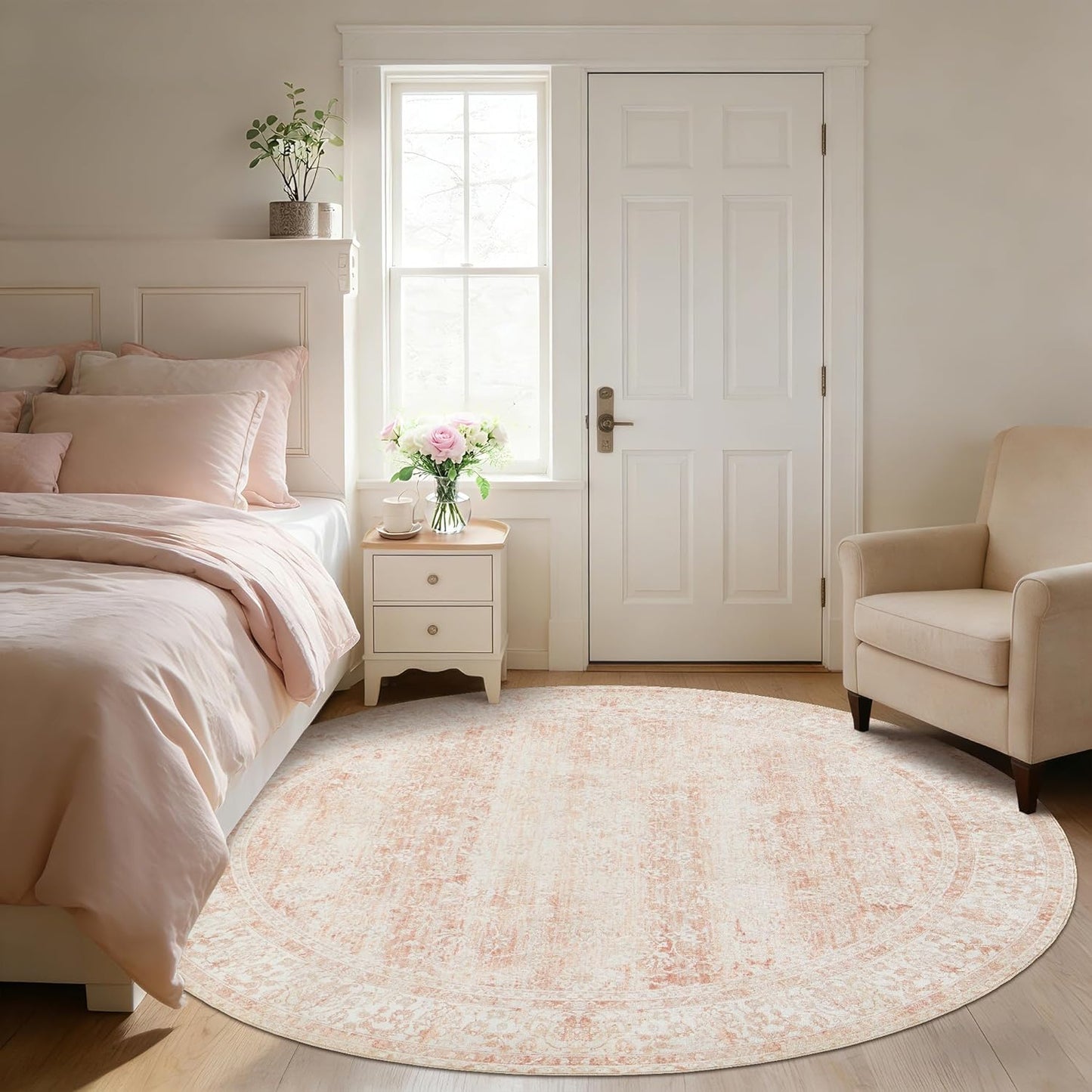 BILEEHOME Round Rug 8x8 Feet 8ft Washable Area Rug for Living Room Girl Bedroom,Boho Floral Print Blush Pink Circle Rugs 8' Round for Dining Room