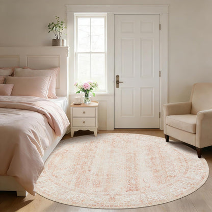 BILEEHOME Round Rug 8x8 Feet 8ft Washable Area Rug for Living Room Girl Bedroom,Boho Floral Print Blush Pink Circle Rugs 8' Round for Dining Room