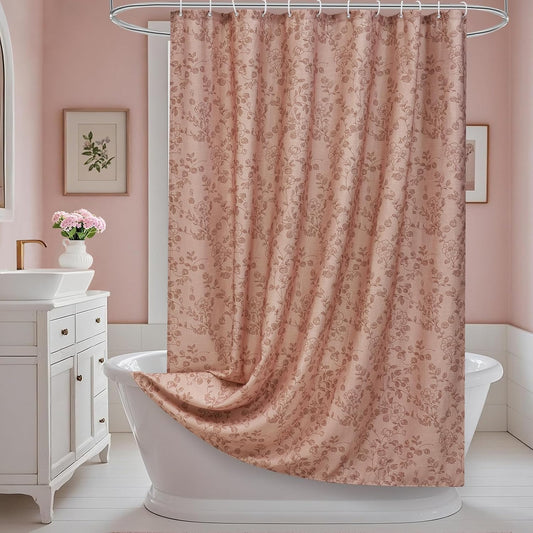 Pink Terracotta Floral Shower Curtain, Lightweight Faux Linen Bathroom Curtains, Vintage Grandmillennial French Country Farmhouse Decor (Terracotta
