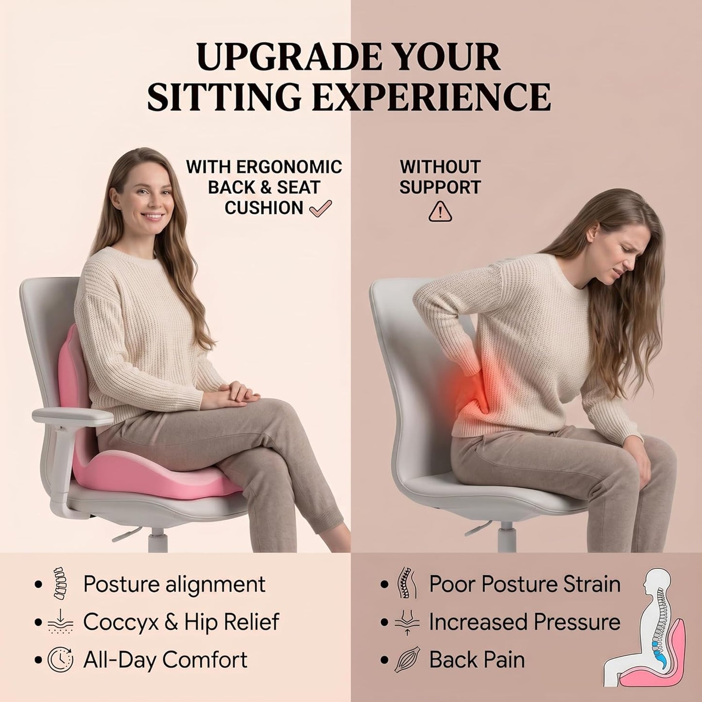 Ergonomic Seat Cushion,Lumbar Support for Office Chair, Memory Foam Chair Cushion for Car Seat,Long Sitting Comfort & Posture Support (Pink)