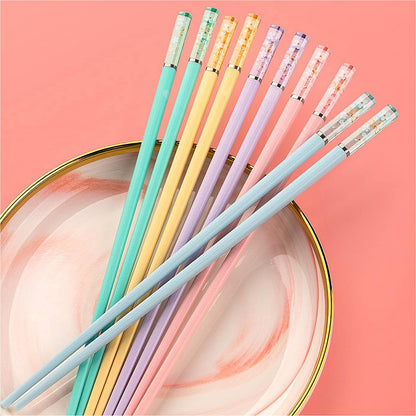 5 Pairs Fiberglass Chopsticks - Amber Cherry Blossom Pattern, Multicolor - Japanese & Korean Chopsticks - Reusable, Dishwasher Safe - Yellow, Pink, Blue, Green, Purple