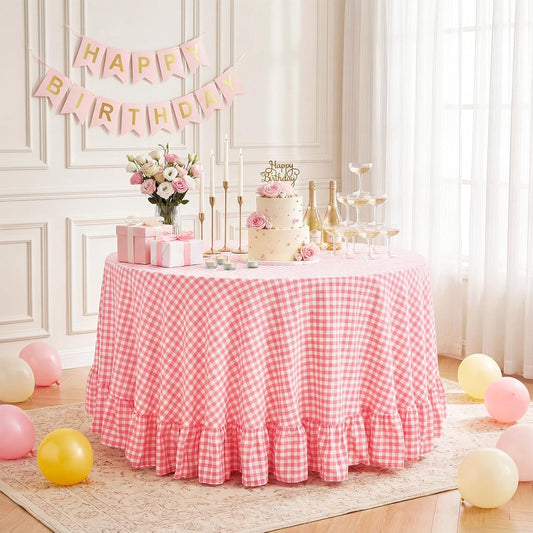 Eternal Beauty Gingham Ruffled Tablecloth Round 70 Inch, 100% Washed Cotton Plaid Table Cloth, Vintage Farmhouse Decor for Mother's Day, Wedding, Party, Spring Picnic & Dining Room - Pink White