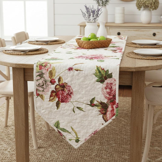 DaDalogy Bedding Romantic Roses Quilted Dining Table Runner - Lovely Floral Red Pink Flower Blossoms Garden Dainty Cottage Picnic - Elegant Decorative Coffee Bar Tea Kitchen Mats - 13" x 72"