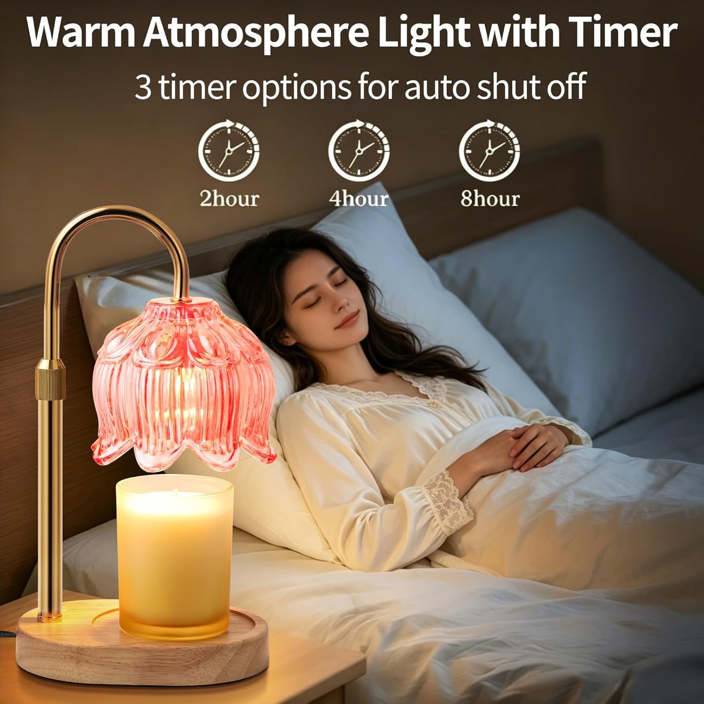 Flower Candle Warmer Lamp for Jar Candles with Timer & Dimmer, Adjustable Height Fits Large Jars up to 7.08" Tall, Flameless Wax Warmer, Cozy Bedroom Home Decor, Gift for Mom Women,Pink