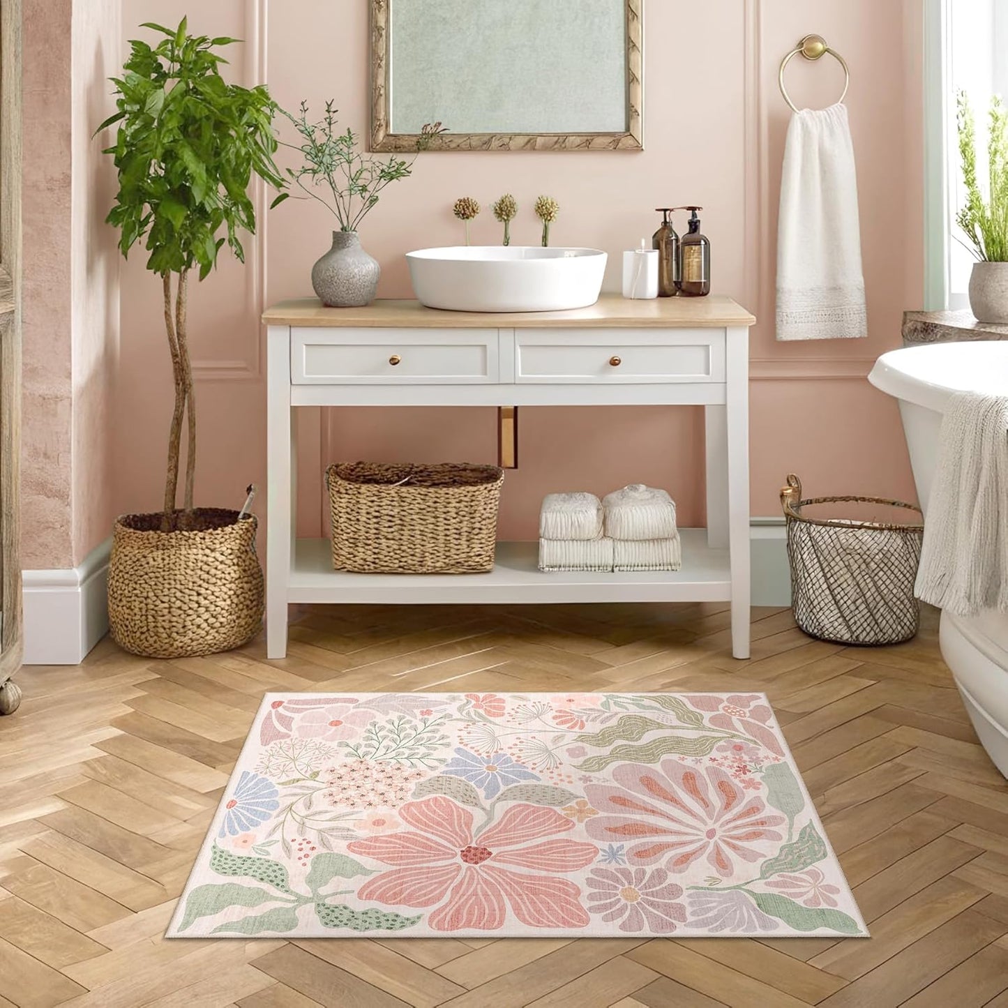 MUJOO Pink 2x3 Washable Rug Floral Small Area Rugs for Entryway Kitchen Bathroom,Non Slip Throw Carpet for Bedroom Entrance Door Mat Boho Modern Abstract Botanical Flower