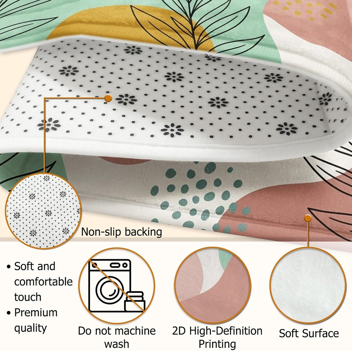 Leaves Area Rug, Modern Minimalistic Dots Curves Spring Pastel Peach Non-Slip Rectangle Floor Carpets Edge Binding Rugs for Living Room Bedroom College Dorm Kitchen Decor 4' X 6'
