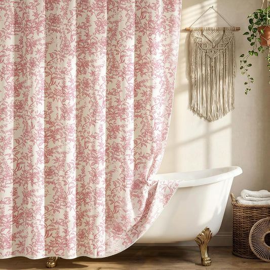 Farmhouse Pink Floral Shower Curtain with 12 Clear Rings, Fabric Faux Linen Shower Curtain Set, Vintage Cottagecore Shower Curtain for Bathroom 72" W x 72" L