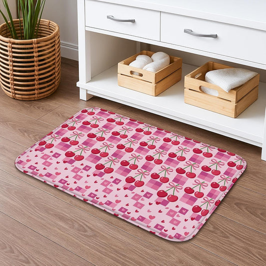 Peach Cherries Pattern Quick Dry Bath Mat, Cute Geometric Hearts Absorbent Non Slip Shower Mat, Spring Decorative Flannel Washable Bath Rugs for Bathroom Toilet Restroom 20x32 Inch