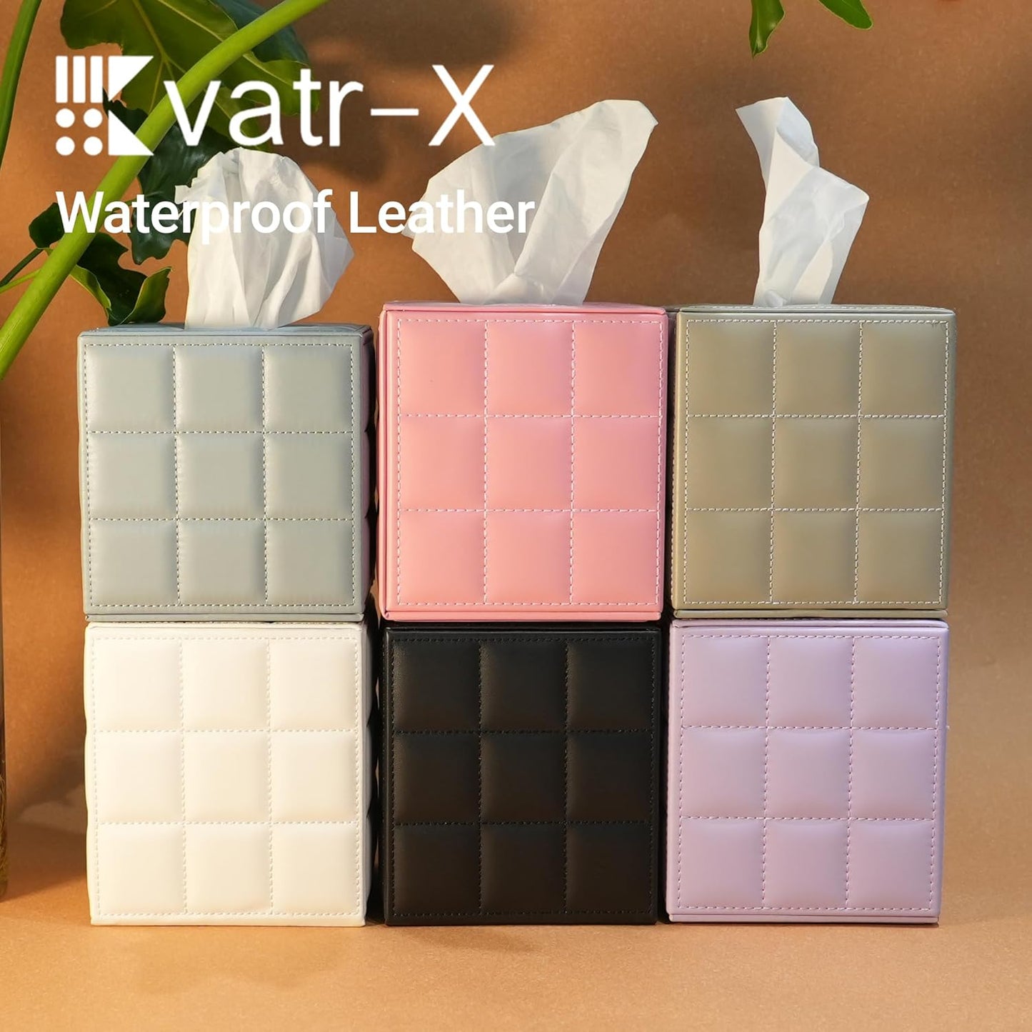 Square Leather Tissue Box Cover, Hand MDF Inner Frame Tissue Holder (Pink & 5.3 x 5.3 x 5.9 inch)