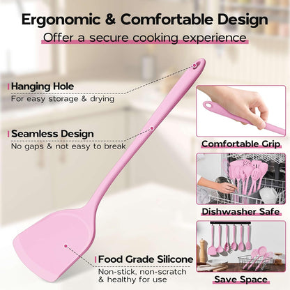 Onader Silicone Cooking Utensils Set, 10 Pieces Kitchen Utensils Set, Pink Kitchen Gadgets Tools Kit for Nonstick Cookware