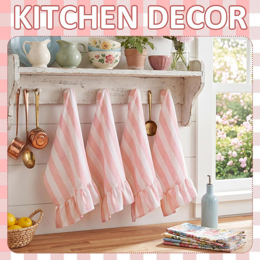 Pink Striped Kitchen Towels Set of 4, 100% Cotton Ruffled Striped Dish Towels 18"x31" Absorbent Tea Cloths Classic Pattern for Farmhouse Charm, Drying Dishes, Entertaining Guests