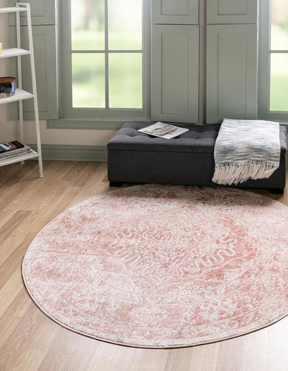 Unique Loom Oxford Collection Area Rug - Bodleian (5' 3" Round, Pink/ Ivory)