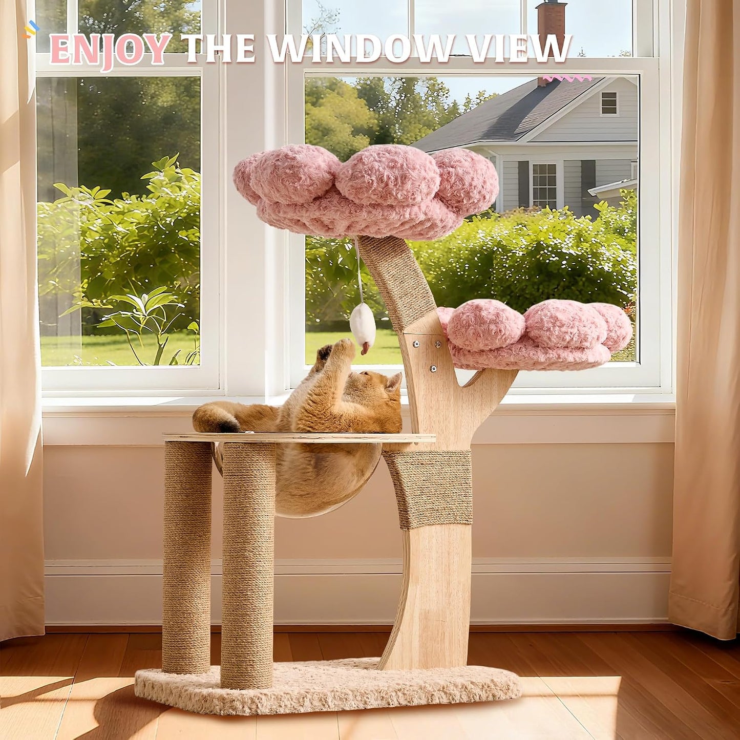 HITTITE Flower Cat Tree with Scratching Post, 36 Inches Cute Cat Tower with Wooden Branch Design, Modern Cat Climbing Tower with Flower Perches and Space Capsule for Indoor Cats Large Adult. Pink