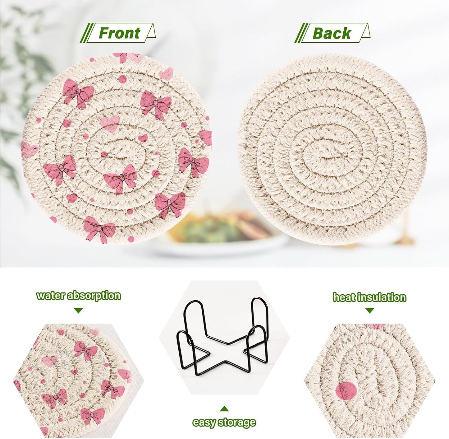 Pink Bows Hearts Pattern Coasters Set of 6 with Holder Absorbent Round Coasters for Wooden Table Tabletop Protection Party Christmas Decor House Warming