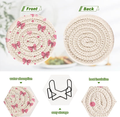 Pink Bows Hearts Pattern Coasters Set of 6 with Holder Absorbent Round Coasters for Wooden Table Tabletop Protection Party Christmas Decor House Warming