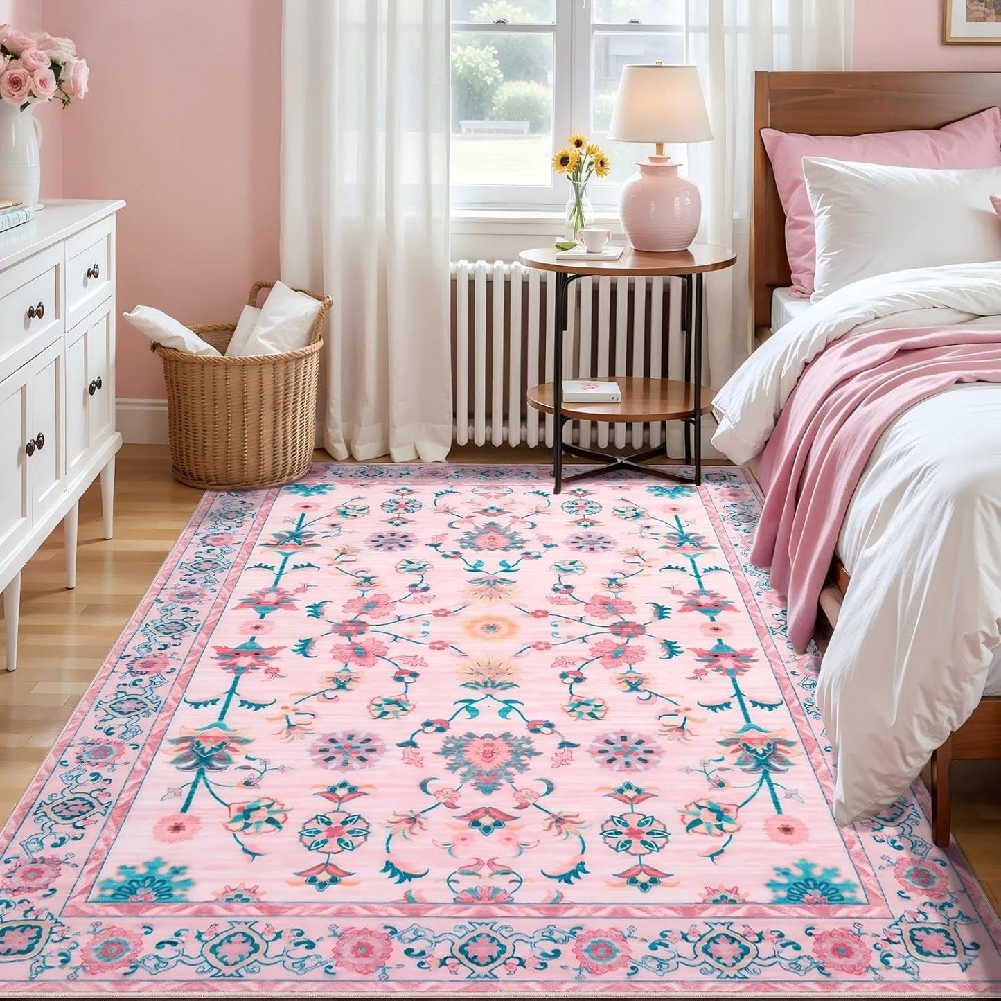 Tangsoo 3x5 Pink Small Area Rug for Bedroom Girls, Non Slip Washable Cute Floral Rug for Nursery Bedside, Soft Low Pile Front Door Carpet Indoor Entrance Inside House Bathroom Classroom Teen Room