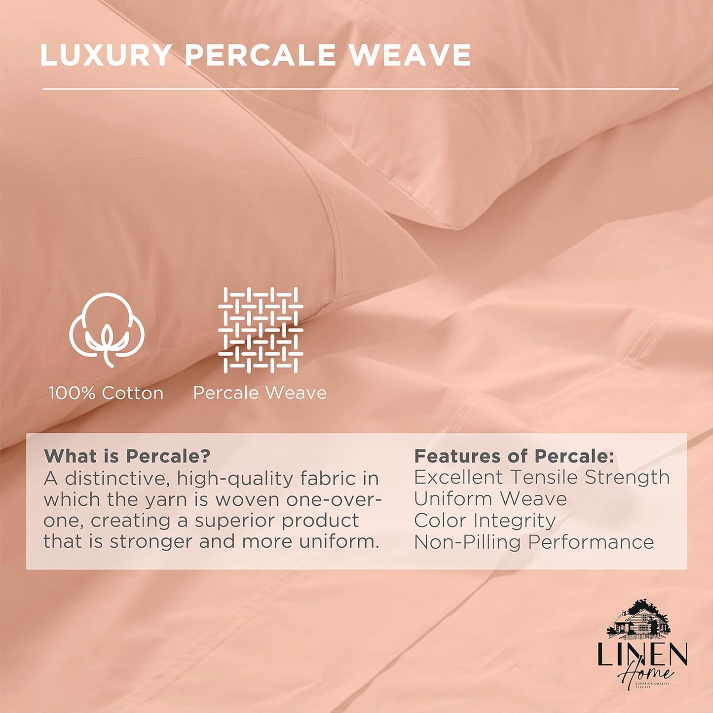 Linen Home 100% Cotton Percale Pillowcases Queen Size, Tropical Peach, 2 Pieces of Pillow Case, Crisp and Cool Strong Bed Linen, 20 inches X 30 inches