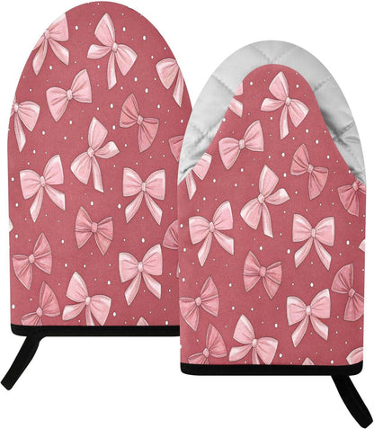 Red Pink Bows Non-Slip Oven Mitts Set Heat Resistant Kitchen Gloves with Quilted Liner Cotton Machine Washable with Hanging Loop for Baking Grilling BBQ
