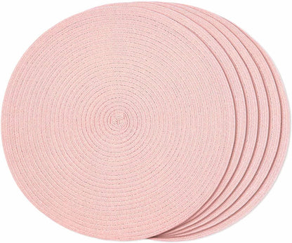 FunWheat Round Braided Placemats Set of 6 Place mats for Dining Tables Woven Heat Resistant Table Mats 15 inch (Pink)