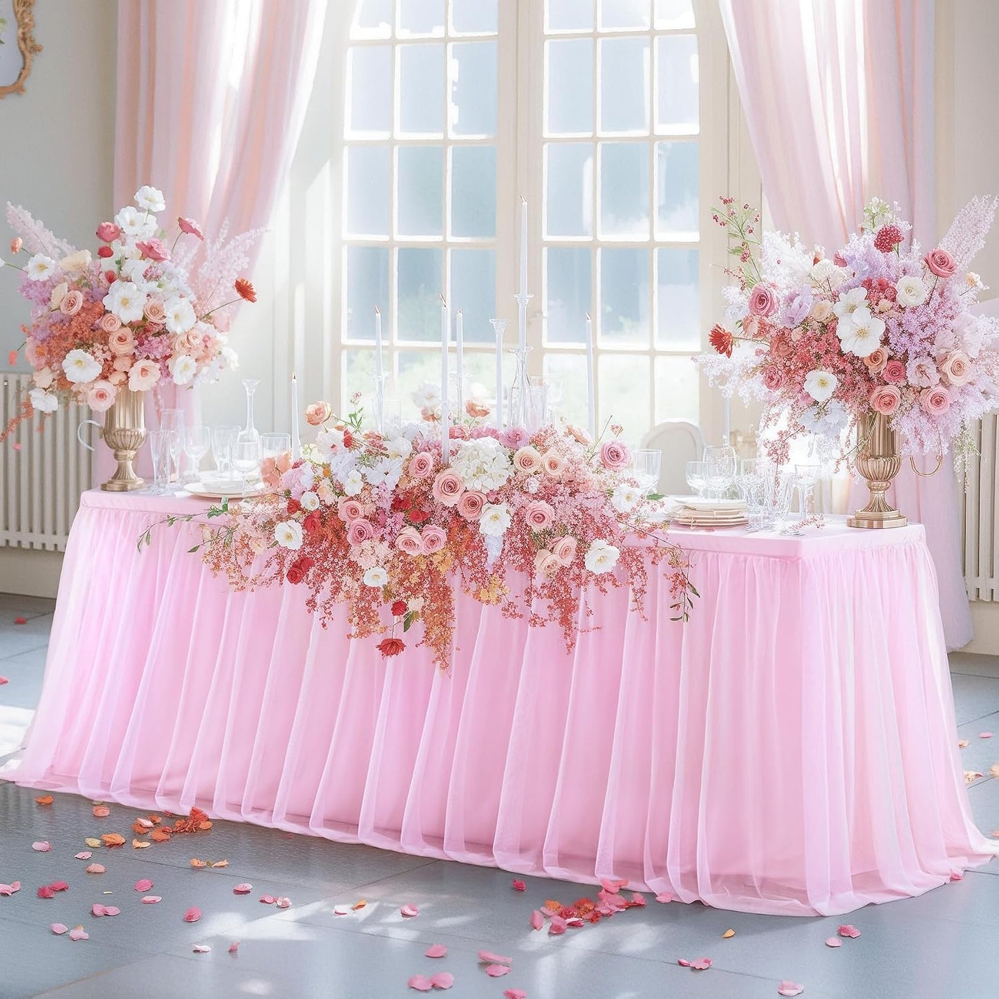 Light Pink Tablecloth for 6 Foot Rectangle Table, Baby Pink Tulle Tutu Tables Skirt Party Table Cover 6ft Baby Shower Banquet Dessert Wedding Pink Tables Cloths Ruffle Bridal Shower