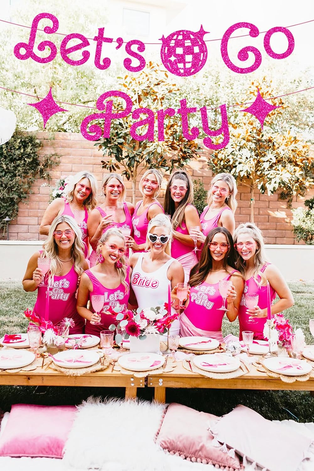 Let's Go Party Pink Glitter Banner For Bachelorette Party Decorations, Pink Girls Ba*bie Birthday Party Decorations,Cute Photo Backdrop, 21st Bday Supplies