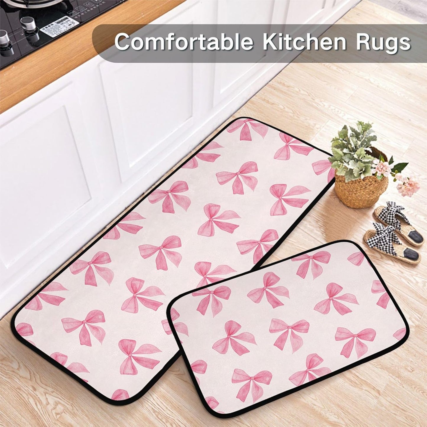 Burbuja Pink Bow Kitchen Rug and Mat Set of 2, Absorbent Washable Non Skid Comfort Standing Floor Mat for Kitchen Bathroom Living Room Sink Laundry