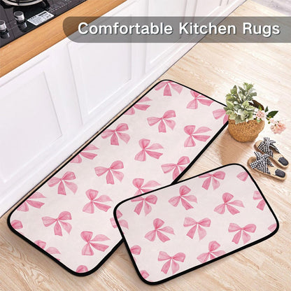 Burbuja Pink Bow Kitchen Rug and Mat Set of 2, Absorbent Washable Non Skid Comfort Standing Floor Mat for Kitchen Bathroom Living Room Sink Laundry