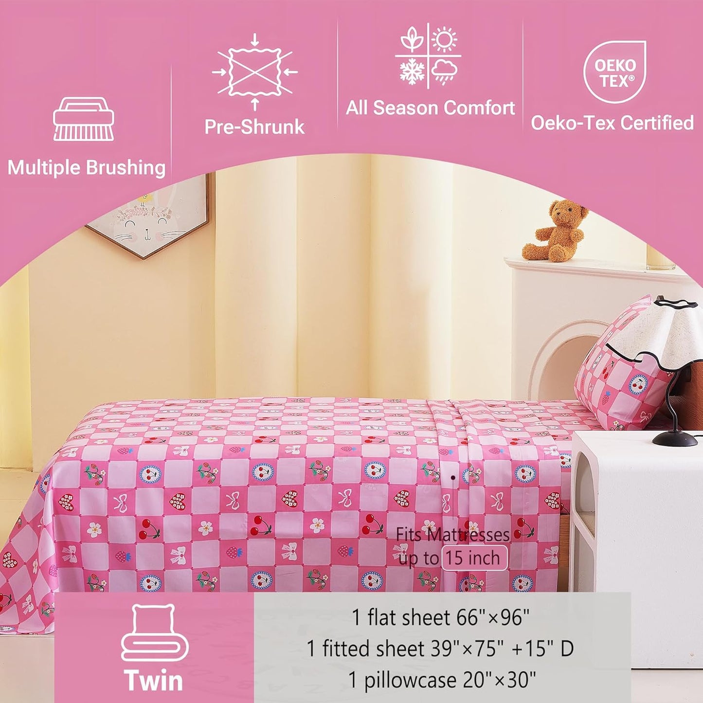 Softan Kids Bed Sheet Set, 3-Piece Twin Sheets Set, Microfiber Fitted Sheet with Corner Straps, Breathable & Silky Soft Pink Fruit Checkered Pattern Sheet and Pillowcase Sets