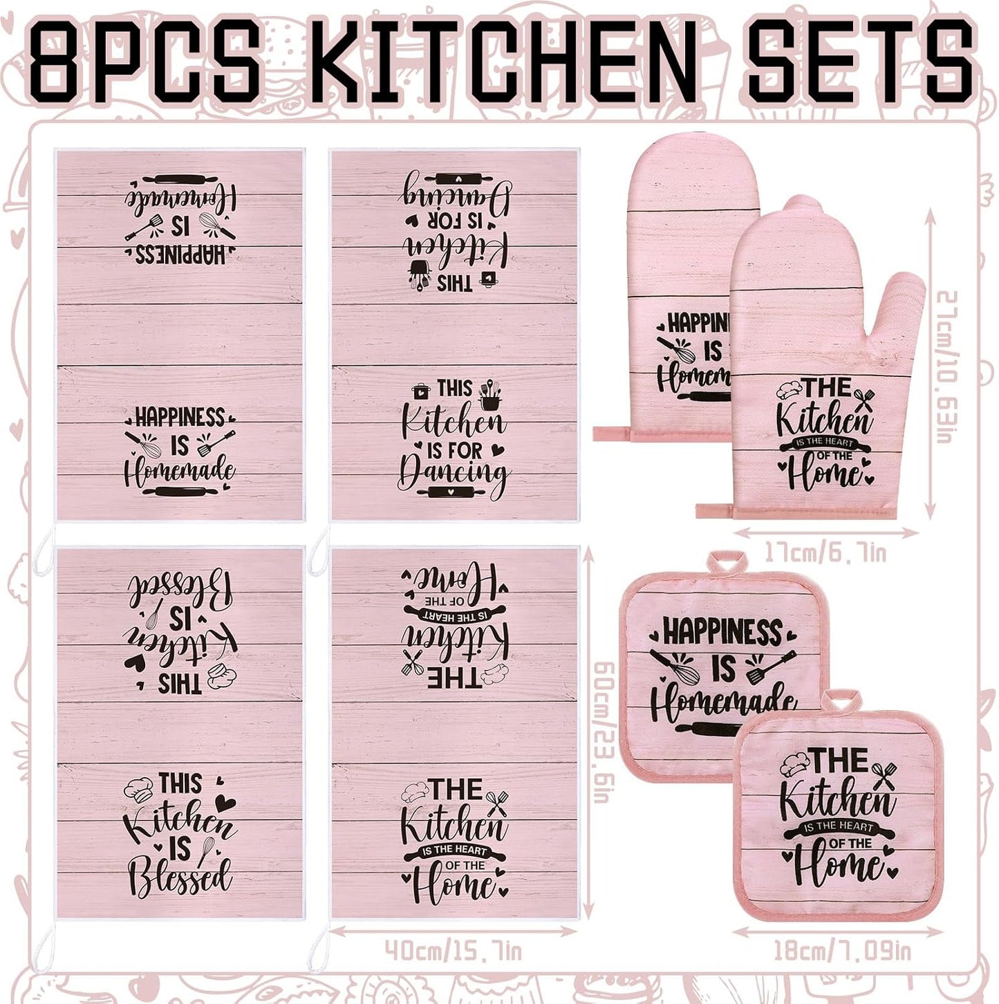 Fourluoo 8 Pcs Pink Kitchen Towels and Dishcloths Sets Oven Mitts and Pot Holders Sets Absorbent Kitchen Gloves Potholders Heat Resistant for Chef Baking Cooking