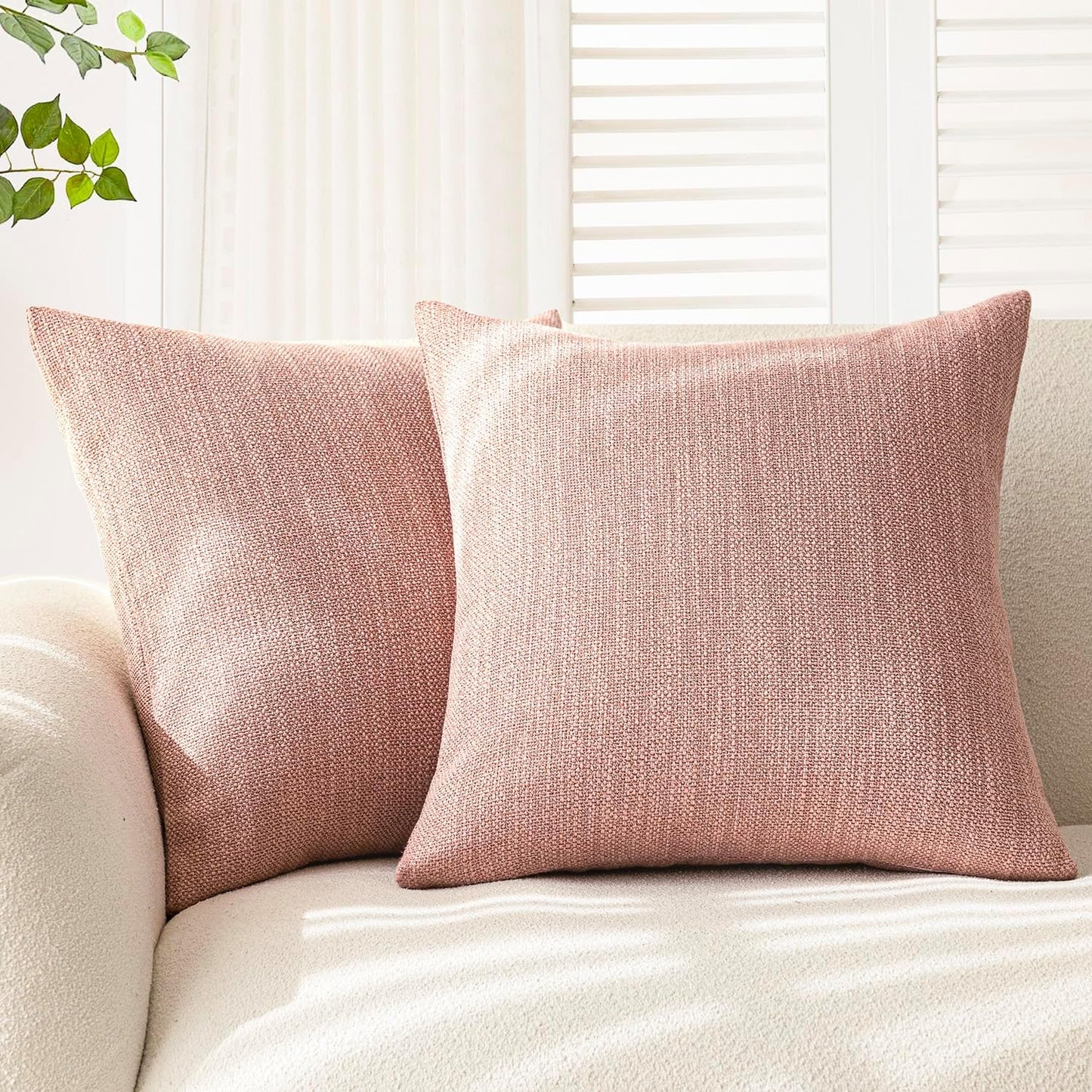 Foindtower Set of 2 Decorative Textured Burlap Linen Throw Pillow Covers Farmhouse Boho Cushion Cover Solid Accent Pillowcase for Couch Sofa Bed Living Room Home Decor,18×18 Inch,Dusty Pink