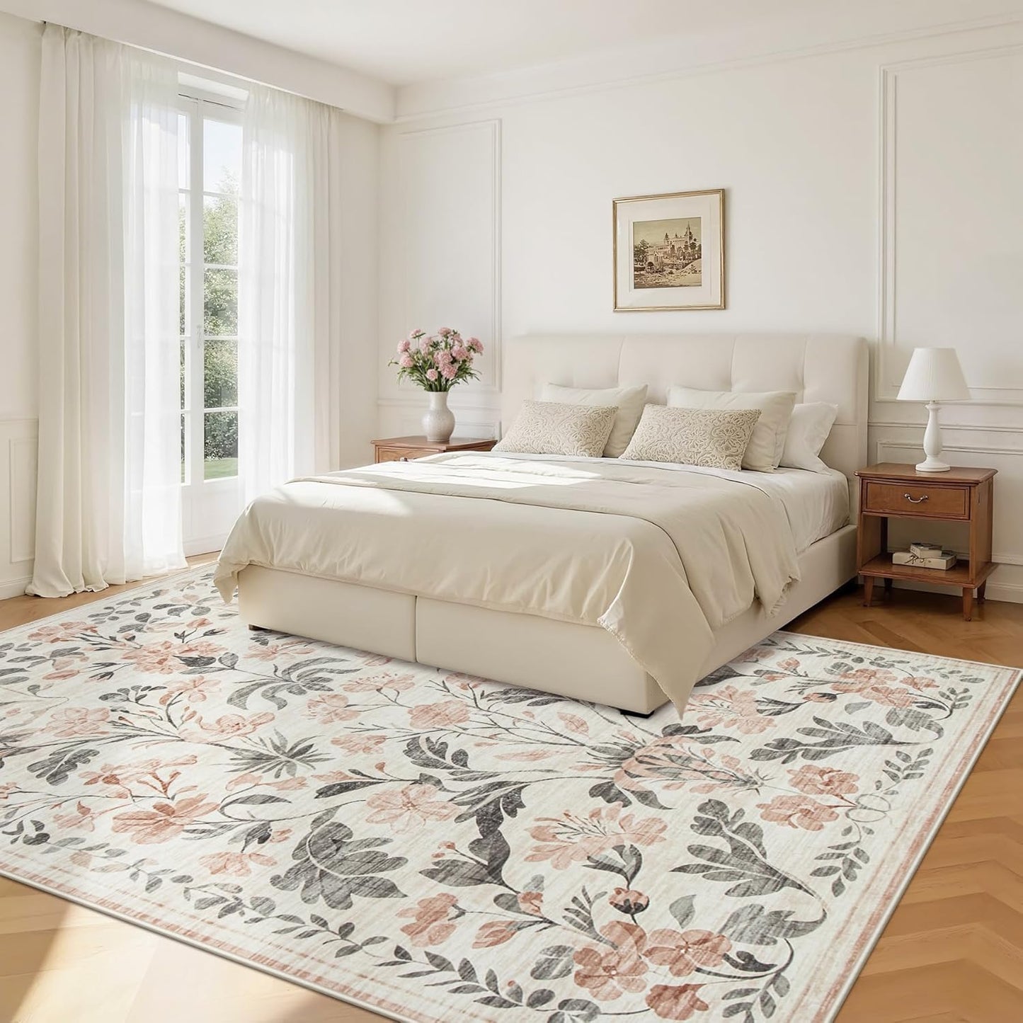 6x9 Area Rugs Washable Rug: Lagre Boho Living Room Rug Soft Non-Slip Thin Carpet Indoor Floor Non-Shedding Neutral Floral Carpets for Bedroom Dining Room Farmhouse Nursery Pink