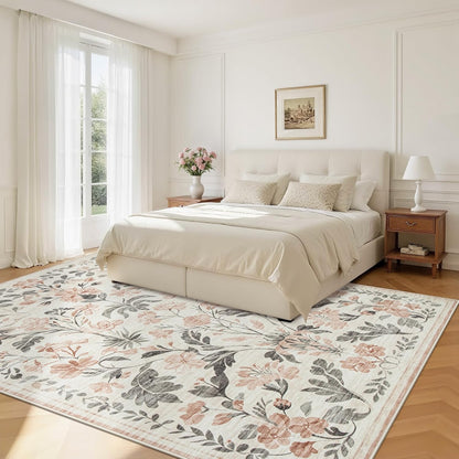 6x9 Area Rugs Washable Rug: Lagre Boho Living Room Rug Soft Non-Slip Thin Carpet Indoor Floor Non-Shedding Neutral Floral Carpets for Bedroom Dining Room Farmhouse Nursery Pink