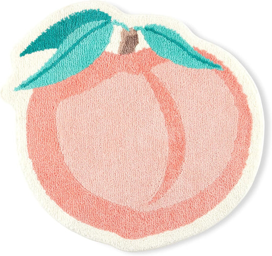 TOWN & COUNTRY PLAY Peachy Clean Peach Fruit Shaped Bath Mat, Absorbent Tufted Floor Mat, Non-Slip Backing, Machine Washable, Peach/Green, 30.3"x29.5"