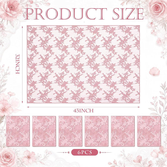 Newwiee 6 Pcs Pink Lace Table Runner 32 x 43 Inch Embroidered Floral Cloths Vintage Romantic Tablecloth for Round Table Wedding Bridal Shower Birthday Party Decorations