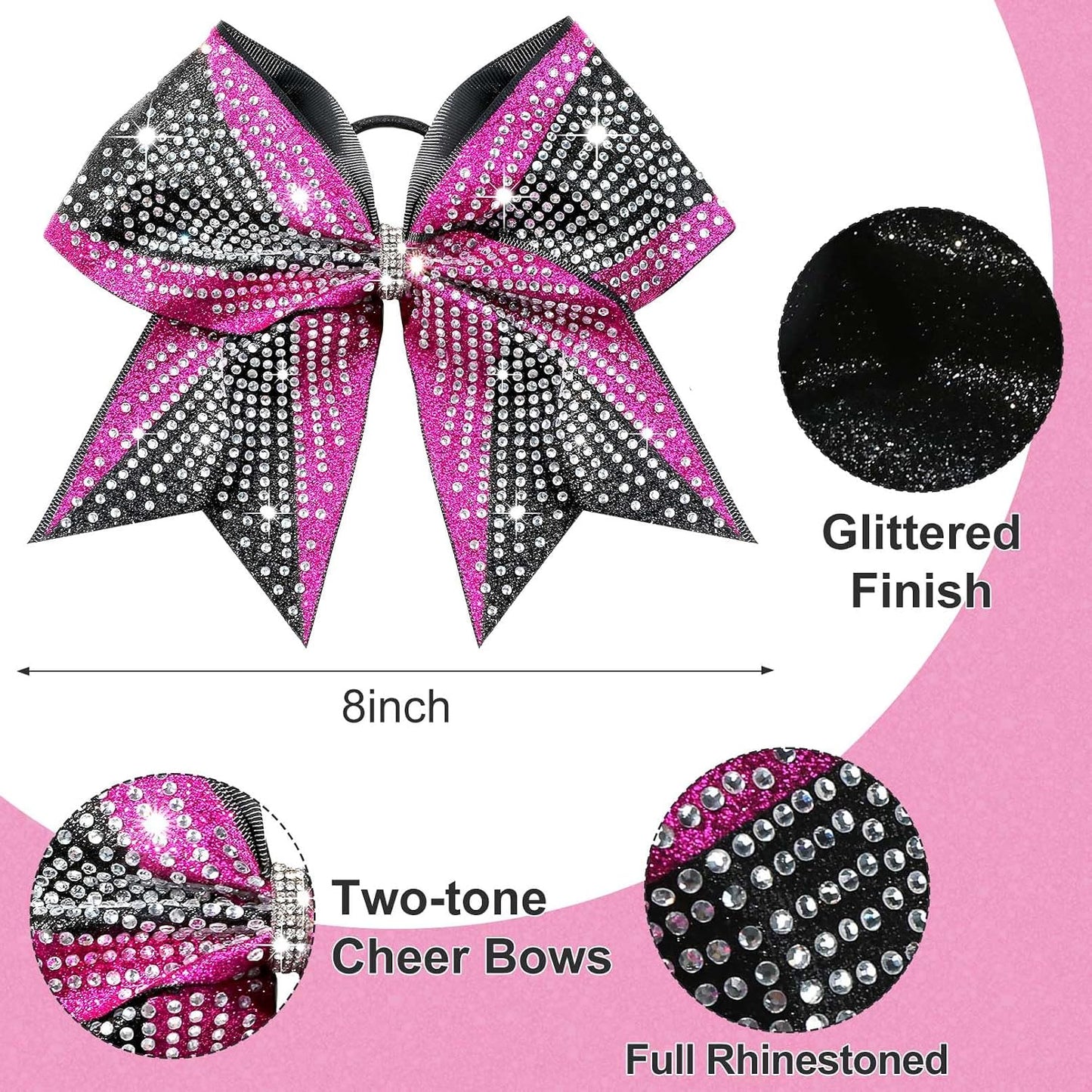 DEEKA 6PCS 8" Large Glitter Pink and Black Cheer Bows Two Toned Rhinestones Stiff Cheer Hair Bows Elastic Band Competition Bows for Cheerleader Team Girls Sports -Pink/Black