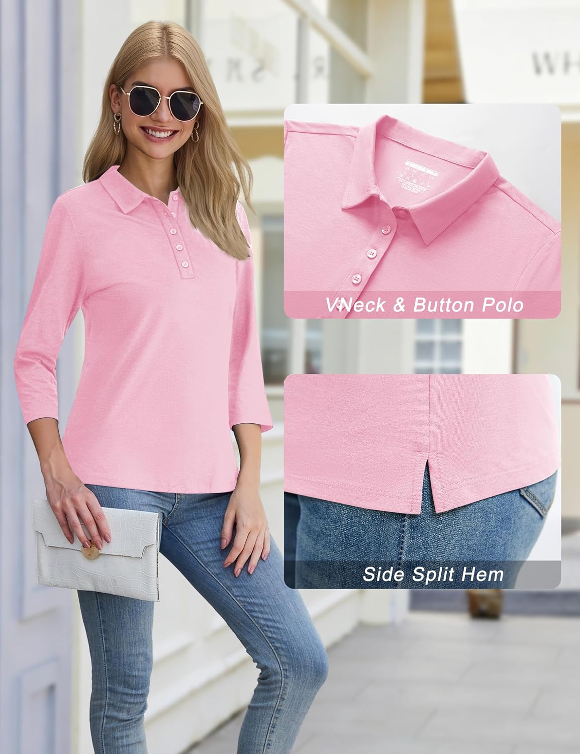 YUCOLEN Polo Shirts for Women 3/4 Sleeve Tops Golf Tees 5-Button Collared Cotton Shirt Business Casual
