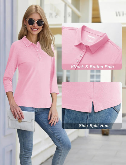 YUCOLEN Polo Shirts for Women 3/4 Sleeve Tops Golf Tees 5-Button Collared Cotton Shirt Business Casual