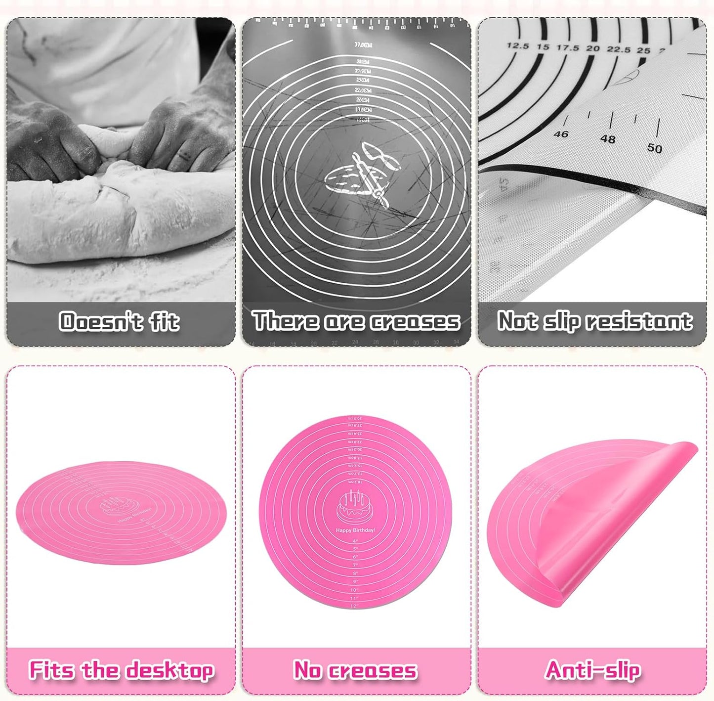 2 PCS 12 Inch Silicone Cake Mat, Pink Round Baking Mat with Measurements Reusable Cake Turntable Mat Non-Stick Heat Resistant Pastry Mats for Rolling Out Dough Cake Pizza Cookies