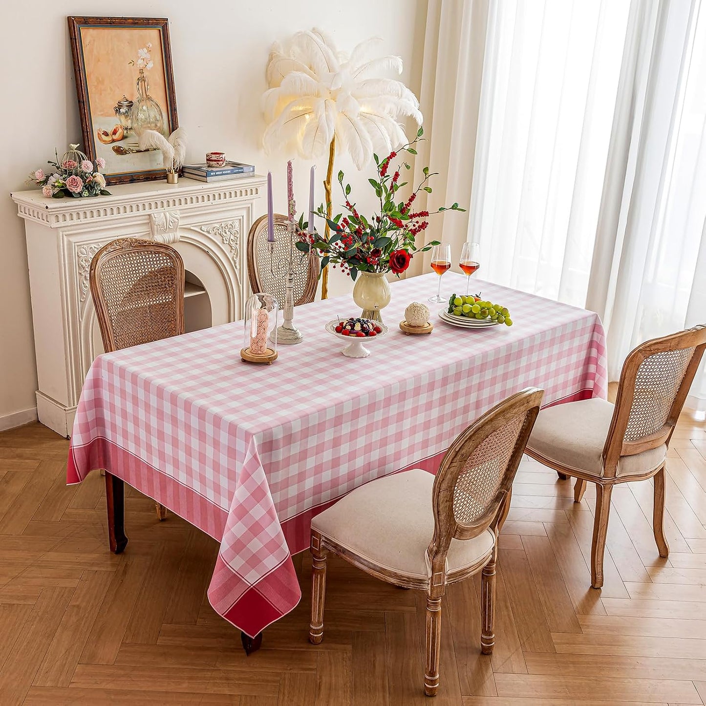 Midsummer Breeze Checkered Tablecloth-Country Gingham Table Cloth-Rustic Farmhouse Tablecloths for Spring, Summer, Valentine's Day, Easter, Picnic (Rectangle, 60"x120", Pink)