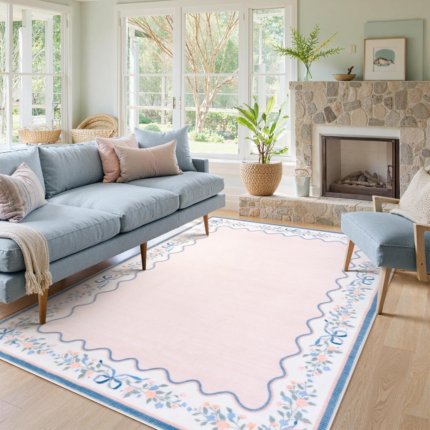 Seavish Pink Floral Rugs for Bedroom Girls, 5x7 Area Rugs for Living Room, Soft Washable Scalloped Nursery Rug, Boho Farmhouse Non-Slip Low Pile Carpet Rug for Kids Playroom Dining Room Office