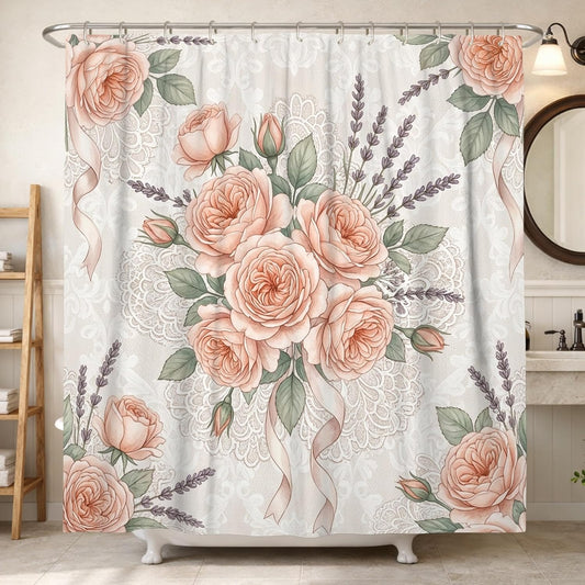 Roses Shower Curtain, Floral Vintage Lavender Lace Spring Peach Washable with Hooks Design Print Bath Curtains for Home Bathroom Toile Hotel Decor 72x78 Inch