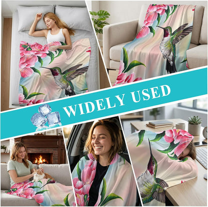 Cooling Throw Blanket 50"x60",Hummingbird Flower Peach Blossom Lightweight Cool Summer Blanket for Night Sweats Hot Sleepers,Nature Oil Painting Art Breathable Ice Silk Blanket for Bed Couch Sofa