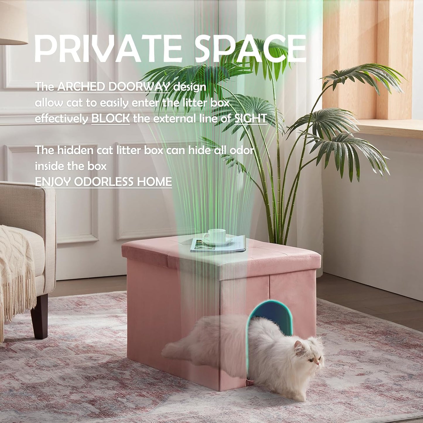 MEEXPAWS Cat Litter Box Enclosure Furniture Hidden Large, Lift Design Lid Velvet Cat Washroom Bench Storage Cabinet |25.6x 17.7 x 17.7 in| Dog Proof|Urine Proof Inside|Quick Assembly| Easy Clean(Pink)