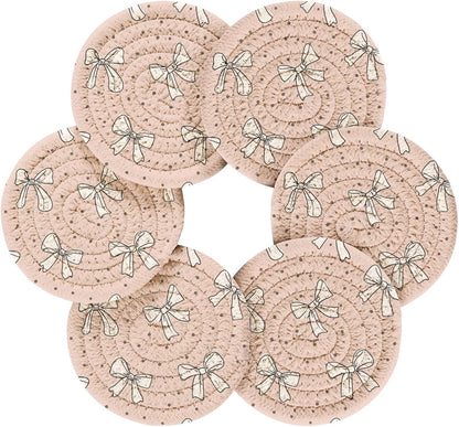 Bar Coasters for Drink with Holder Cute Bow Light Pink Coaster Set of 6 Cotton Woven Coaster for Coffee Table, Bistro Tabletop,Kitchen Home Decor