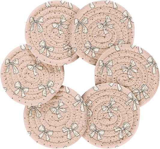 Bar Coasters for Drink with Holder Cute Bow Light Pink Coaster Set of 6 Cotton Woven Coaster for Coffee Table, Bistro Tabletop,Kitchen Home Decor