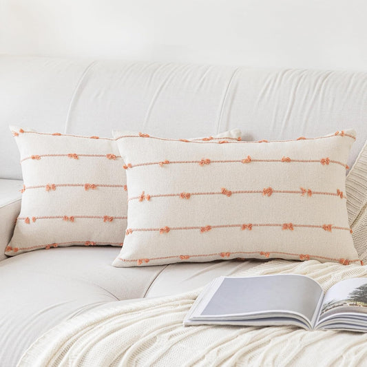 YEENAASY Boho Throw Pillow Covers 12x20 Set of 2 Modern Farmhouse Decorative Cushion Case Tufted Linen Square Pillows Cover Neutral Pillow Cases Accent Pillowcase for Sofa,Couch,Bed,Beige and Pink