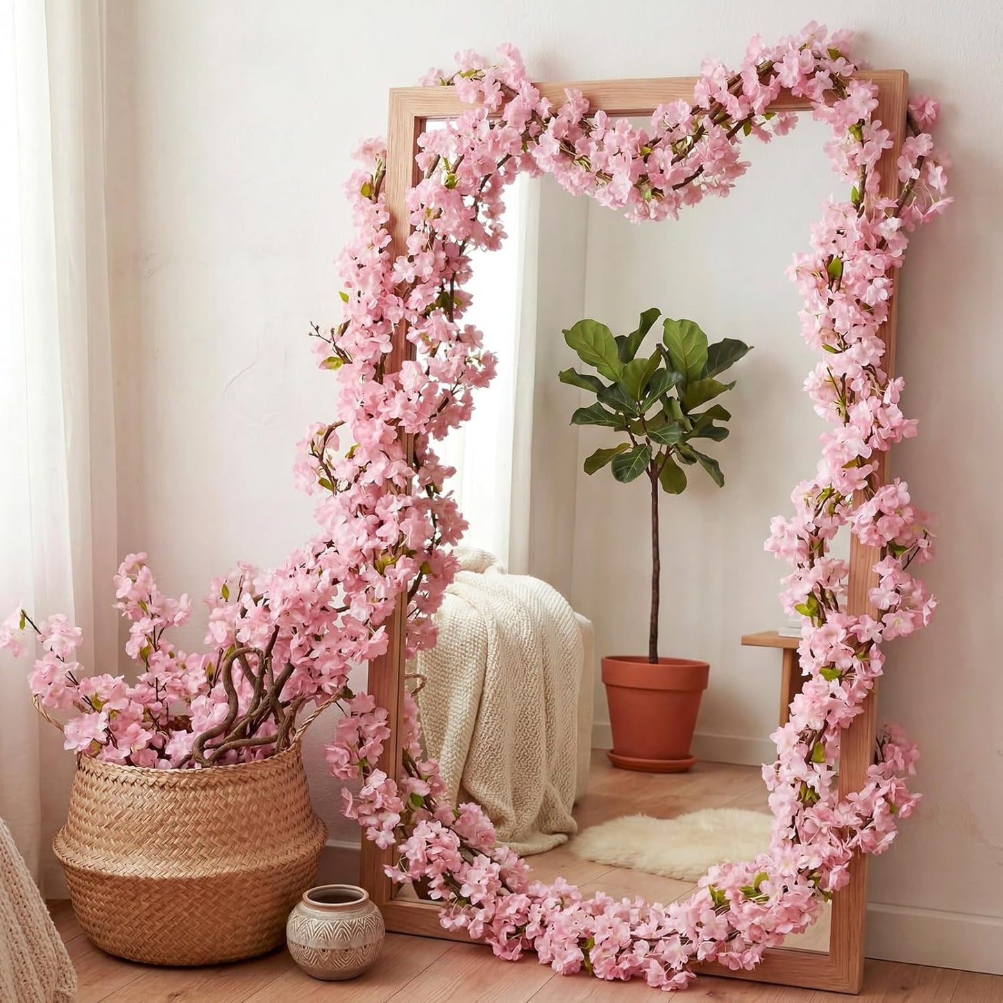 Tigeen 24 Stems Artificial Cherry Blossom Tree with 2 Vines and 100 Zip Ties Pink Blossom Tree for 3D Garden Wedding Wall Home Patio Fence Decor