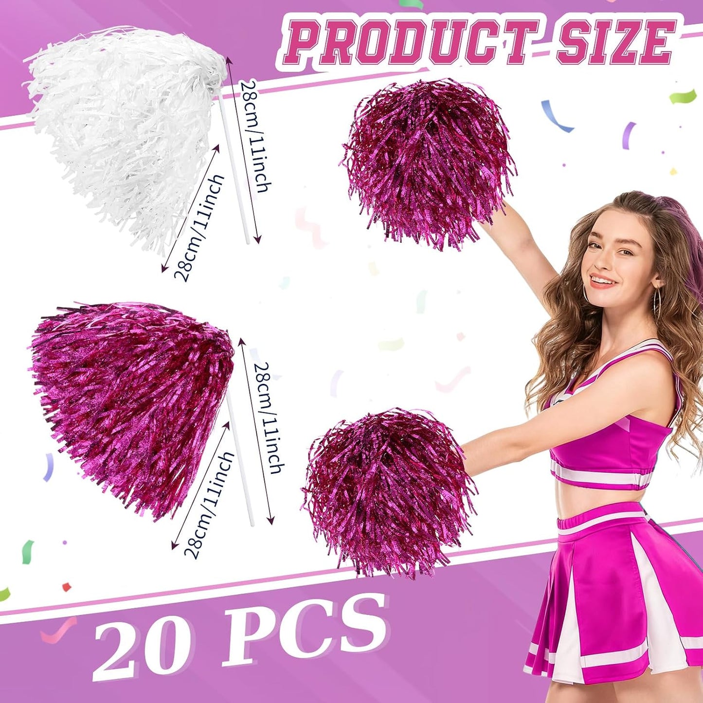 Vinsot 20 Pcs Pink White Cheerleading Pom Poms Bulk Metallic Foil Pom Poms with Plastic Long Handles School Spirit Shakers for Spirit Sports Team Squad Dance Football Basketball Club Celebration