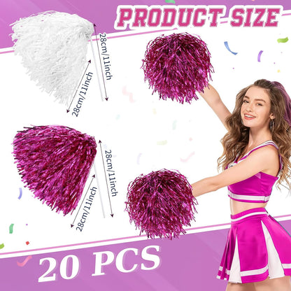 Vinsot 20 Pcs Pink White Cheerleading Pom Poms Bulk Metallic Foil Pom Poms with Plastic Long Handles School Spirit Shakers for Spirit Sports Team Squad Dance Football Basketball Club Celebration